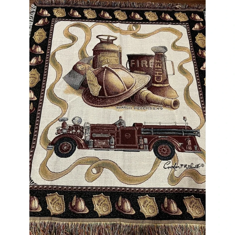 Sharon Pedersen Fire Chief Tapestry Throw Blanket‎ 48 X 58 Firemen Engine Dept